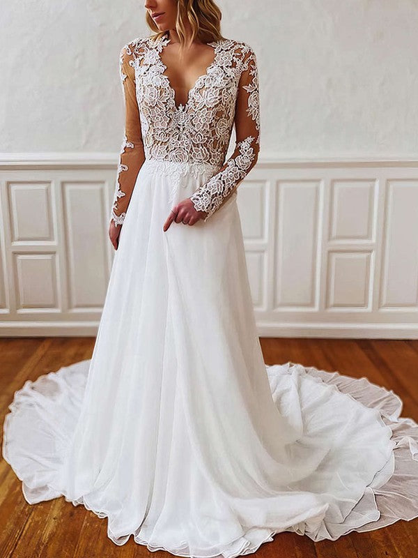 Elegant A-line V-neck Chiffon Court Train Wedding Dress With Appliques Lace