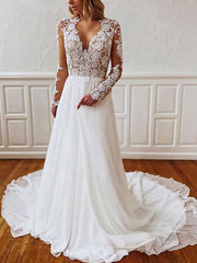 Elegant A-line V-neck Chiffon Court Train Wedding Dress With Appliques Lace