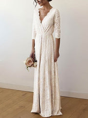 Elegant A-line V-neck Lace Floor-length Wedding Dresses