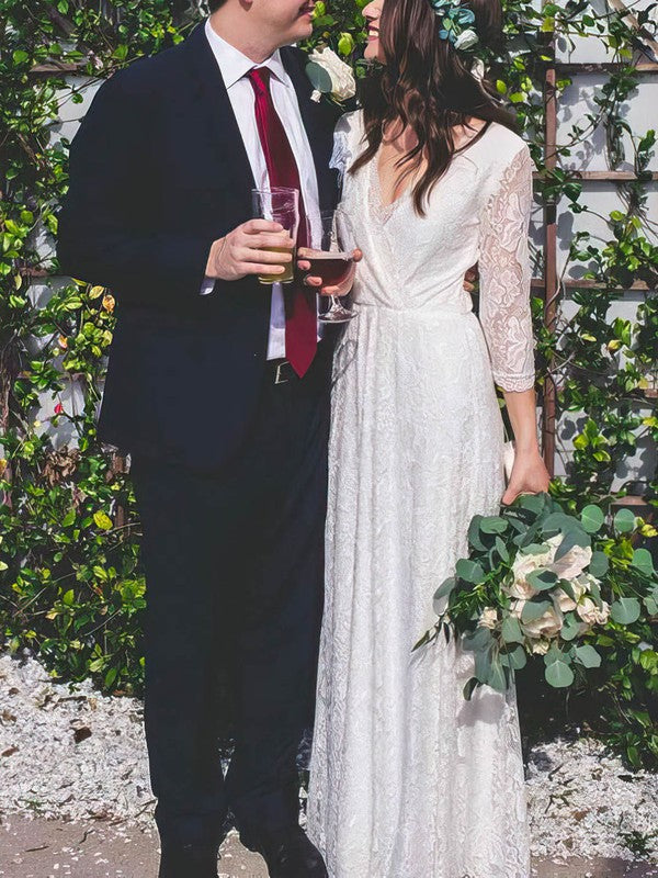 Elegant A-line V-neck Lace Floor-length Wedding Dresses
