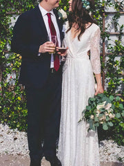 Elegant A-line V-neck Lace Floor-length Wedding Dresses