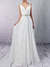 Elegant A-line V-neck Lace Sweep Train Wedding Dress with Sashes and Ribbons