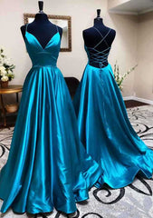Elegant A-line V Neck Long Prom Dress with Pleated Charmeuse Skirt-27dress