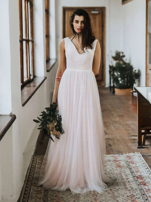 Classy A-Line Deep V-neck Floor-length Open Back Wedding Dress with Lace Tulle