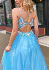 Elegant A-line/Princess V-Neck Sleeveless Tulle Long/Floor-Length Prom Dress With Appliqued-27dress
