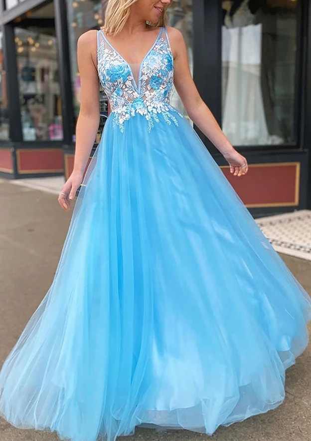 Elegant A-line/Princess V-Neck Sleeveless Tulle Long/Floor-Length Prom Dress With Appliqued-27dress