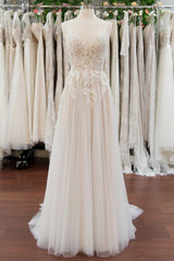 Elegant Appliques A-line V-neck Wedding Dress Straps Sleeveless Tulle Bridal Gowns On Sale-27dress