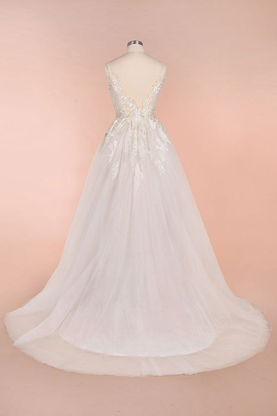 Elegant Appliques A-line V-neck Wedding Dress Straps Sleeveless Tulle Bridal Gowns On Sale-27dress