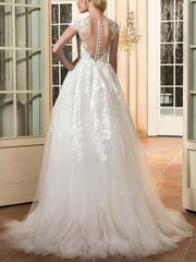 Elegant Appliques Lace Ball Gown Illusion Tulle Sweep Train Wedding Dresses
