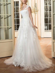 Elegant Appliques Lace Ball Gown Illusion Tulle Sweep Train Wedding Dresses