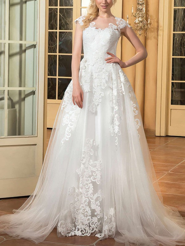 Elegant Appliques Lace Ball Gown Illusion Tulle Sweep Train Wedding Dresses