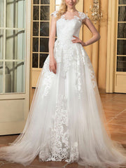 Elegant Appliques Lace Ball Gown Illusion Tulle Sweep Train Wedding Dresses