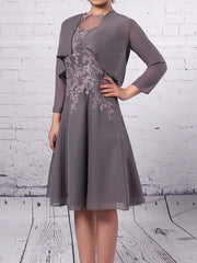 Elegant Appliques Lace Chiffon Tulle A-Line Knee-length Mother of the Bride Dress