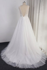 Elegant Appliques Straps Tulle Wedding Dress A-line White V-neck Bridal Gowns On Sale-27dress