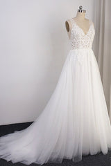 Elegant Appliques Straps Tulle Wedding Dress A-line White V-neck Bridal Gowns On Sale-27dress