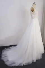 Elegant Appliques Straps Tulle Wedding Dress A-line White V-neck Bridal Gowns On Sale-27dress
