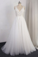 Elegant Appliques Straps Tulle Wedding Dress A-line White V-neck Bridal Gowns On Sale-27dress