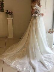 Elegant Ball Gown Illusion Tulle Sweep Train Wedding Dresses With Beading