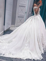 Elegant Ball Gown Off-the-shoulder Tulle Sweep Train Wedding Dress With Beading