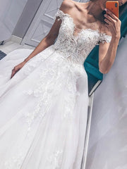 Elegant Ball Gown Off-the-shoulder Tulle Sweep Train Wedding Dress With Beading