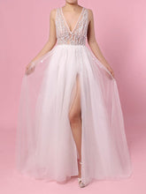 Elegant Ball Gown V-neck Tulle Wedding Dress With Split Front and Sweep Train