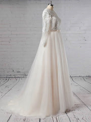 Elegant Ball Gown Wedding Dress with Illusion Tulle, Appliques Lace, and Sweep Train