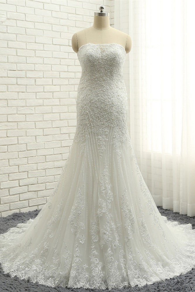 Elegant Bateau White Mermaid Wedding Dresses With Appliques Ruffles Lace Bridal Gowns On Sale-27dress