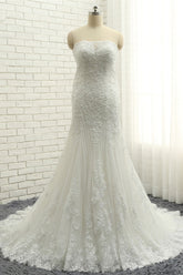 Elegant Bateau White Mermaid Wedding Dresses With Appliques Ruffles Lace Bridal Gowns On Sale-27dress
