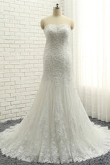 Elegant Bateau White Mermaid Wedding Dresses With Appliques Ruffles Lace Bridal Gowns On Sale-27dress