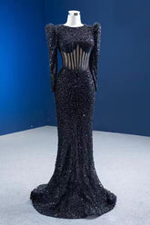 Elegant Black Jewel Neck Mermaid Prom Dress Long Sleeves With Appliques