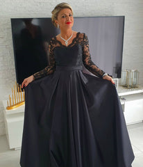 Elegant Black Long Sleeves V-neck Lace Mother Of The Bride Dress-27dress