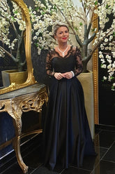 Elegant Black Long Sleeves V-neck Lace Mother Of The Bride Dress-27dress