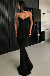 Elegant Black Spaghetti Strap Mermaid Prom Dress With Sequins