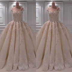 Elegant Chamgne Off-the-shoulder A-line Wedding Dresses Sequins Lace Bridal Gowns With Appliques Online-27dress
