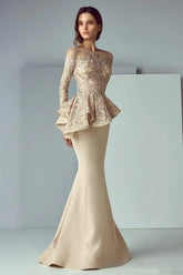27DRESS Elegant Champagne Long Sleeves Lace Stain Long Formal Dresses