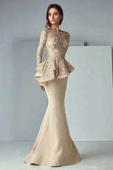 27DRESS Elegant Champagne Long Sleeves Lace Stain  Long Formal Dresses