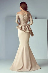 27DRESS Elegant Champagne Long Sleeves Lace Stain Long Formal Dresses