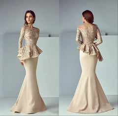 27DRESS Elegant Champagne Long Sleeves Lace Stain Long Formal Dresses