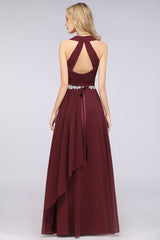 Elegant Chiffon Halter V-Neck Ruffle Bridesmaid Dress with Appliques Sashes-27dress