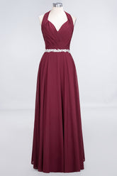 Elegant Chiffon Halter V-Neck Ruffle Bridesmaid Dress with Appliques Sashes-27dress
