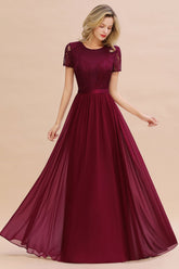 Elegant Chiffon Lace Jewel Short-Sleeves Affordable Bridesmaid Dress-27dress