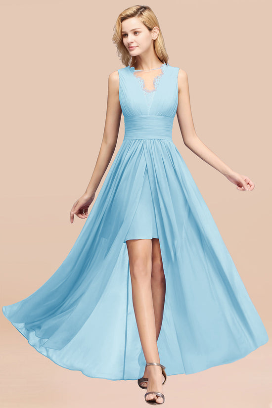 Elegant Chiffon Lace Jewel Sleeveless Bridesmaid Dress with Ruffle-27dress