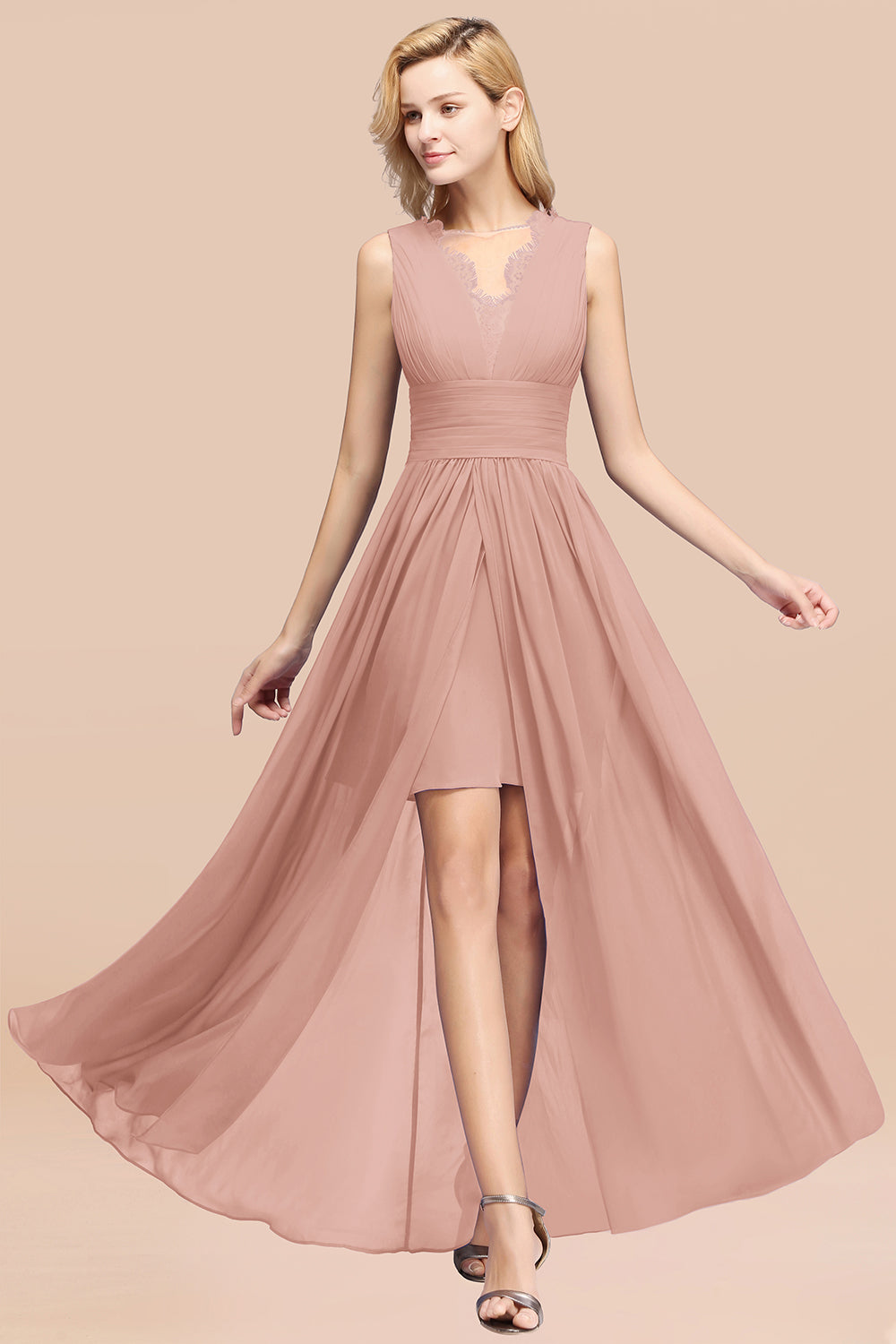 Elegant Chiffon Lace Jewel Sleeveless Bridesmaid Dress with Ruffle-27dress