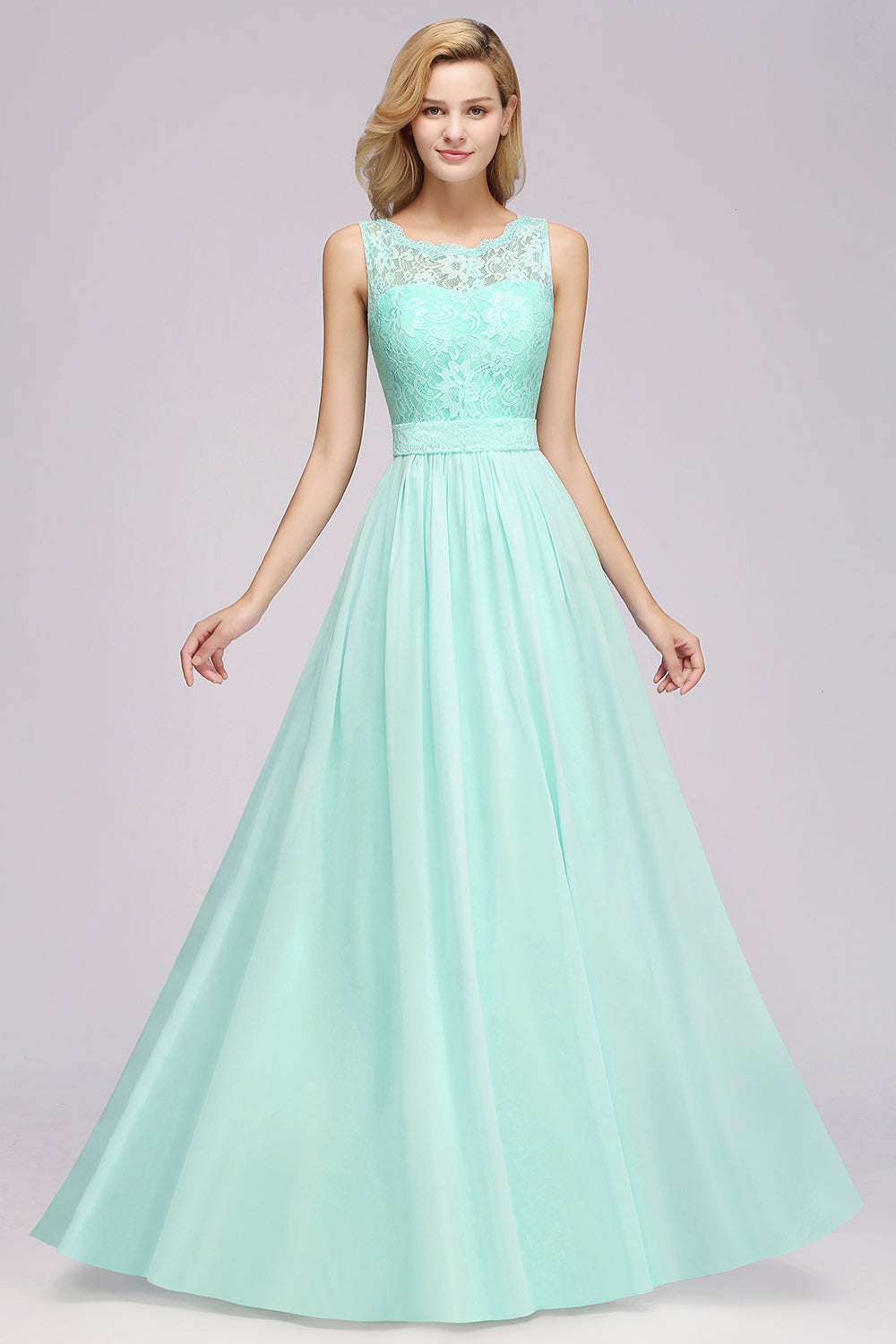 Elegant Chiffon Lace Scalloped Sleeveless Ruffle Bridesmaid Dresses-27dress