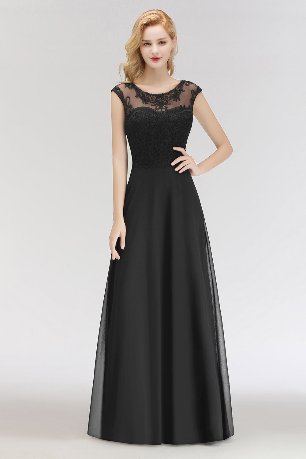 Elegant Chiffon Long Lace Black Bridesmaid Dresses Online-27dress