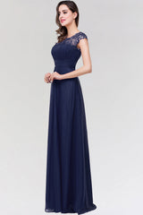 Elegant Chiffon Pleated Navy Lace Bridesmaid Dress with Keyhole Back-27dress