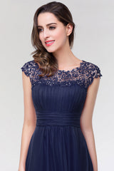 Elegant Chiffon Pleated Navy Lace Bridesmaid Dress with Keyhole Back-27dress