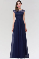 Elegant Chiffon Pleated Navy Lace Bridesmaid Dress with Keyhole Back-27dress