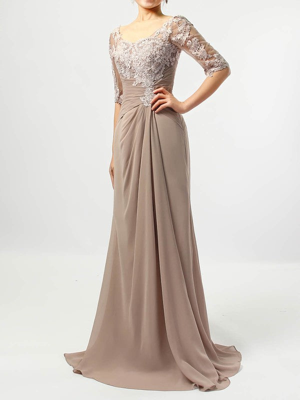 Elegant Chiffon Tulle V-neck A-line Floor-length Appliques Lace Mother of the Bride Dress