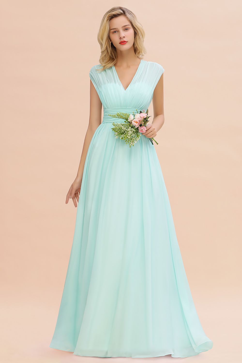 Elegant Chiffon V-Neck Ruffle Long Bridesmaid Dresses Affordable-27dress